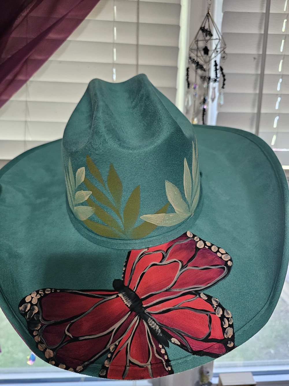 Turquoise Wide-Brim Hat with Hand-Painted Butterfly and Leaf Design
